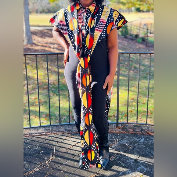 African Print Ankara Brown Multicolor Button Front Open Side Blouse - Picture 4 of 6